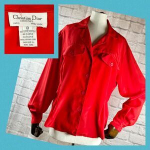 Vtg Christian Dior Chemises Women's 8 Red Button-Up Long Sleeve Shirt Hong Kong